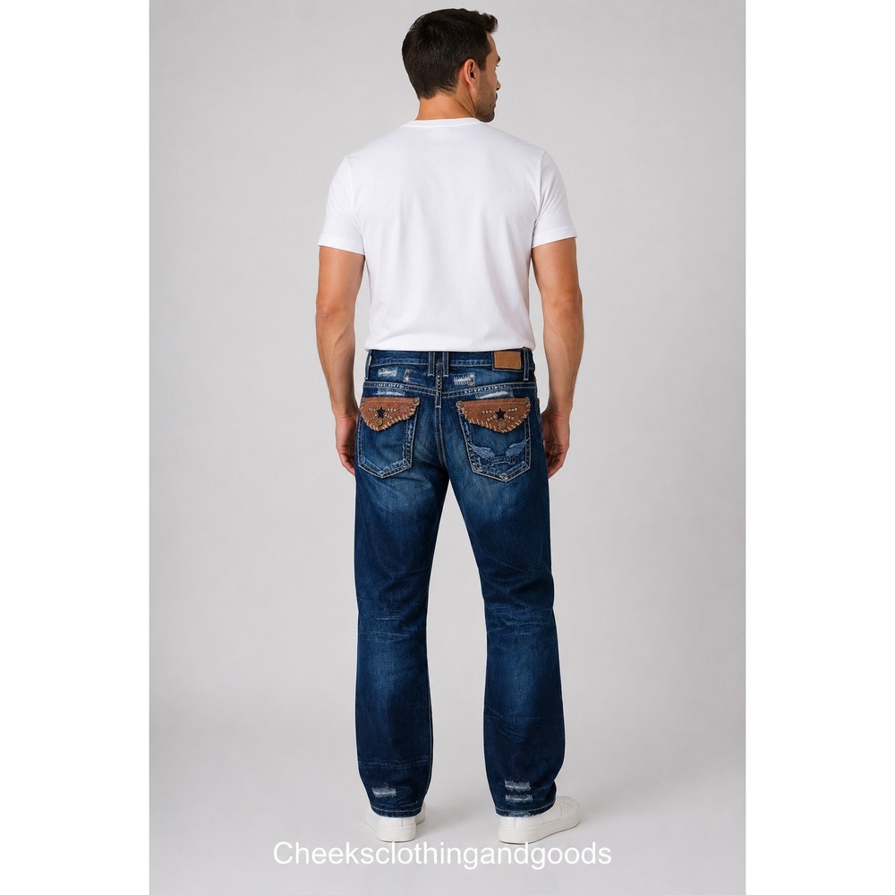 Robins Jean‎ Mens 39x34 Leather Flap Star Studded Distressed Straight Leg Jeans